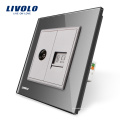 Fabricação Livolo, Painel De Vidro De Cristal Cinza, 2 Gangues Computador de Parede e Tomada de TV / Tomada VL-C791VC-15, sem adaptador de Plug